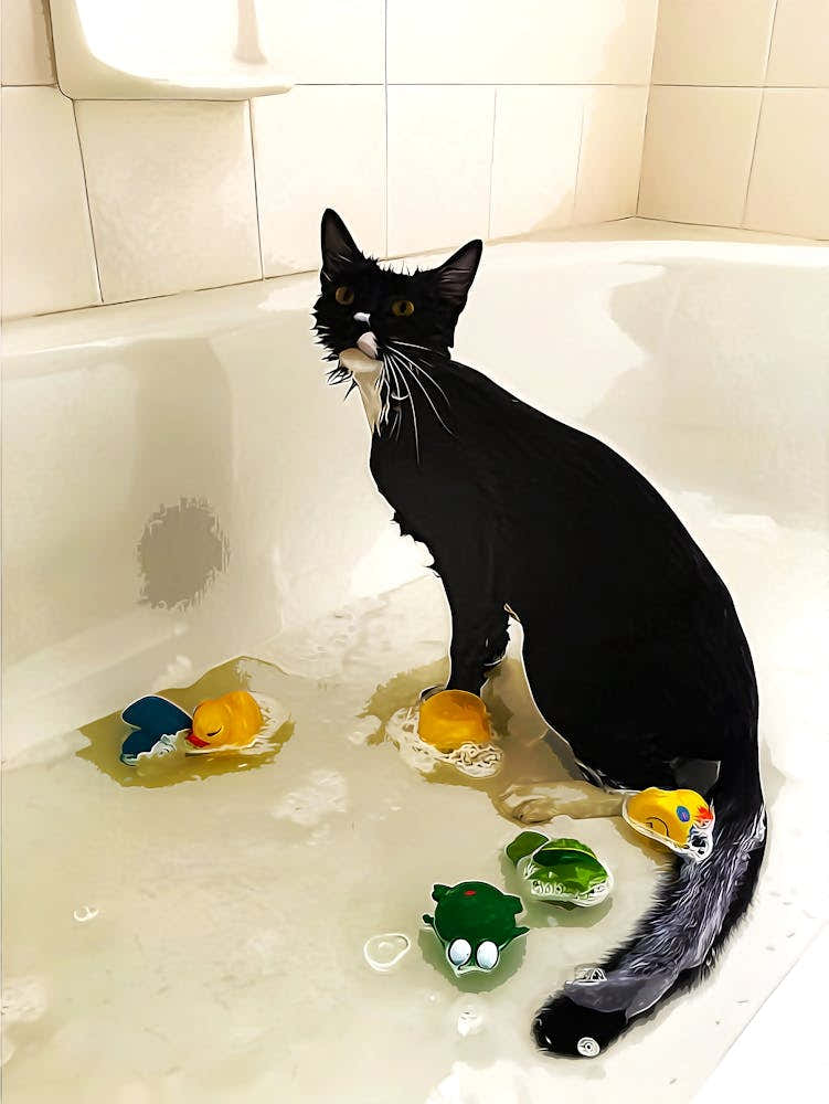Cat Bathing In Bath Tub With Toys In It