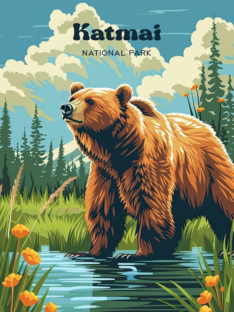 Katmai National Park Bears Art Illustration