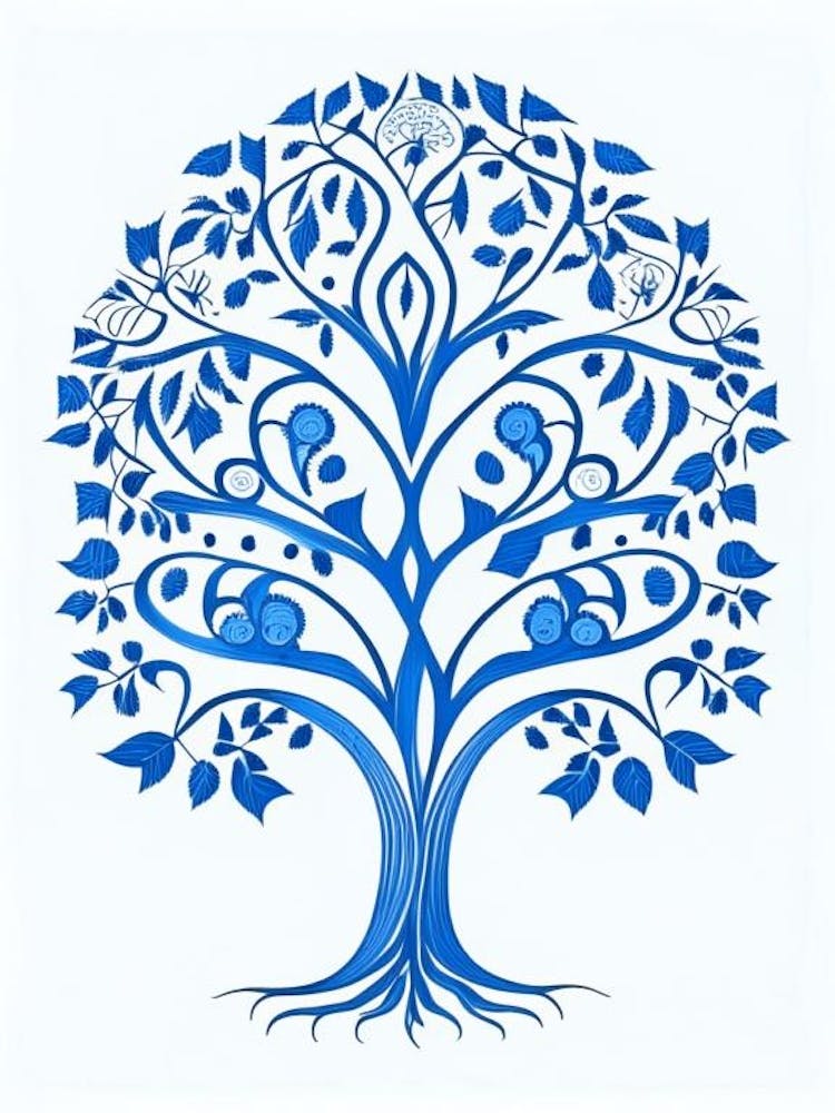 Family Tree Symbol Blue And White Line Drawing