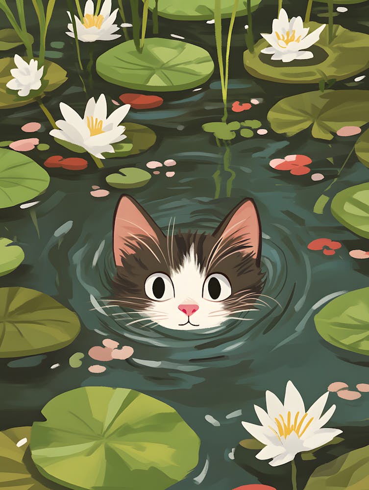 Cute Cat Swimming Among Water Lilies 9