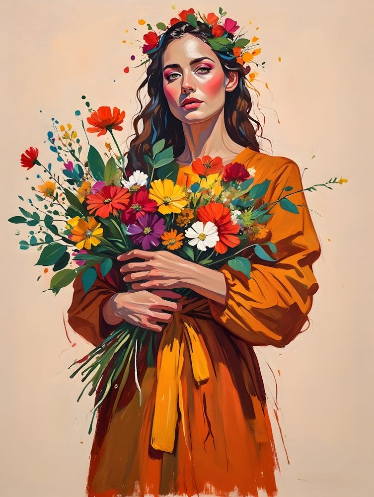 Colorful Floral Portrait Print - Woman with Vibrant Bouquet