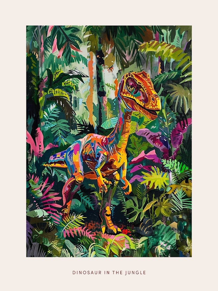 Colourful Dinosaur In The Leafy Jungle Painting Poster
