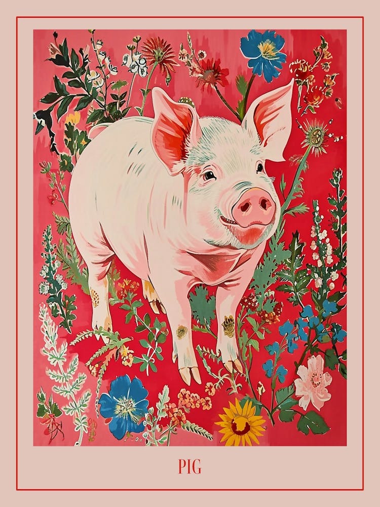 Floral Animal Painting Pig 3 Poster