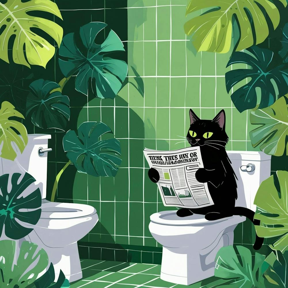 Black Cat Reading Newspaper In Bathroom