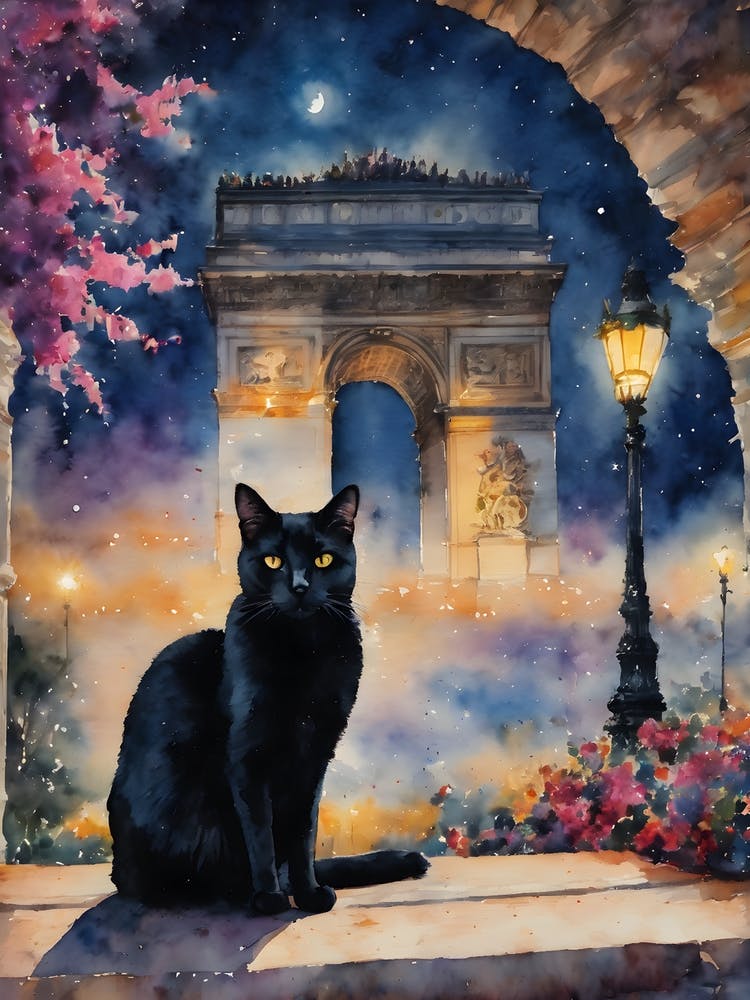 Black Cat by The Arc De Triumph Iconic Paris Cityscape France - Traditional Watercolor Kitty Travels Home and Room Wall Art Cool Decor Klimt and Matisse Inspired Modern Awesome Cool Unique Pagan Flowers Witchy Witches Familiar Gift For Cat Lady Animal Lov