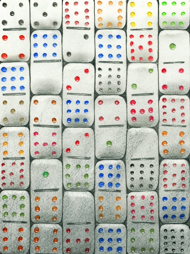 Domino Drawing hand drawn art abstract red blue dots shapes game play charcoal graphite colored pencils vertical gameroom play room kids casino luck 