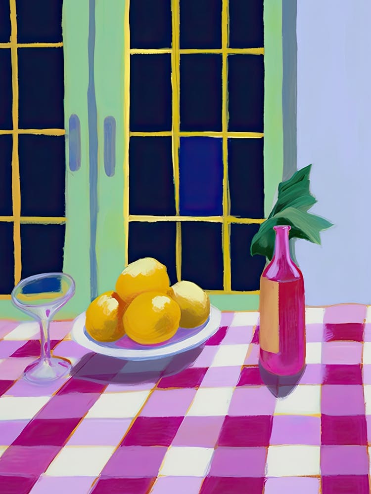 Lemons On Checkered Table, Magenta Tones, Frenchch Riviera In Matisse Style 