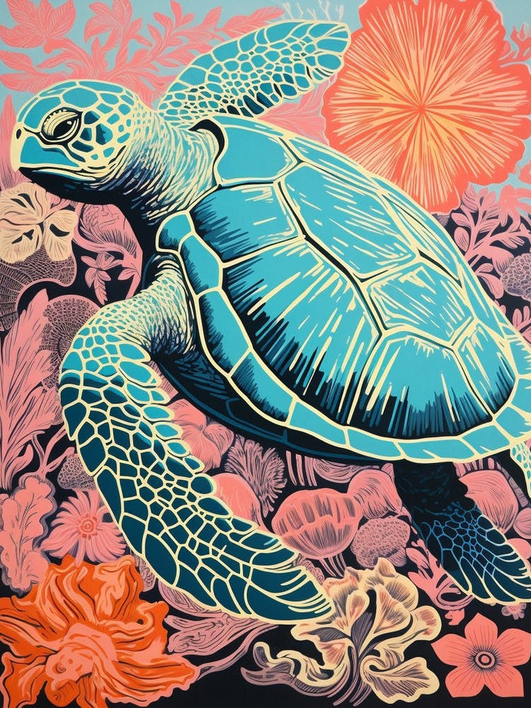 Sea Turtle Linograph Warm Tones 2