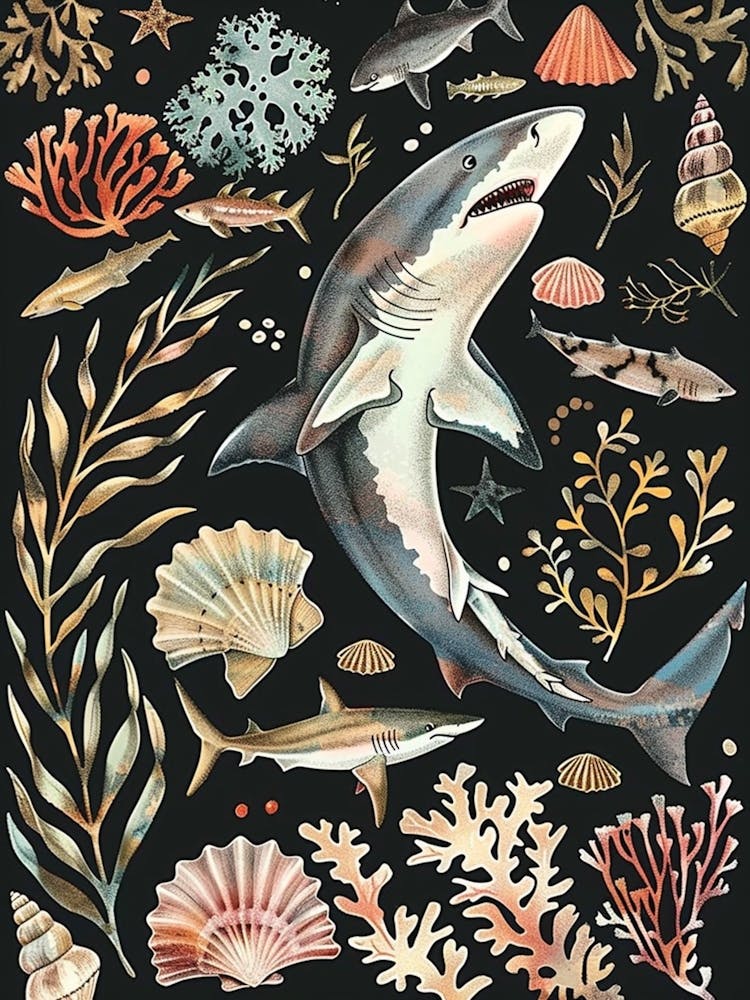 Lemon Shark Seascape Black Background Illustration 1
