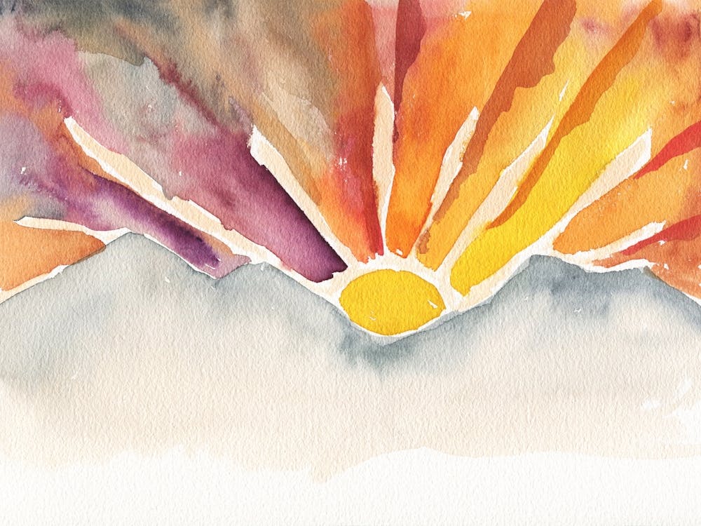 Mountain Sunset, Watercolor Sun, Boho