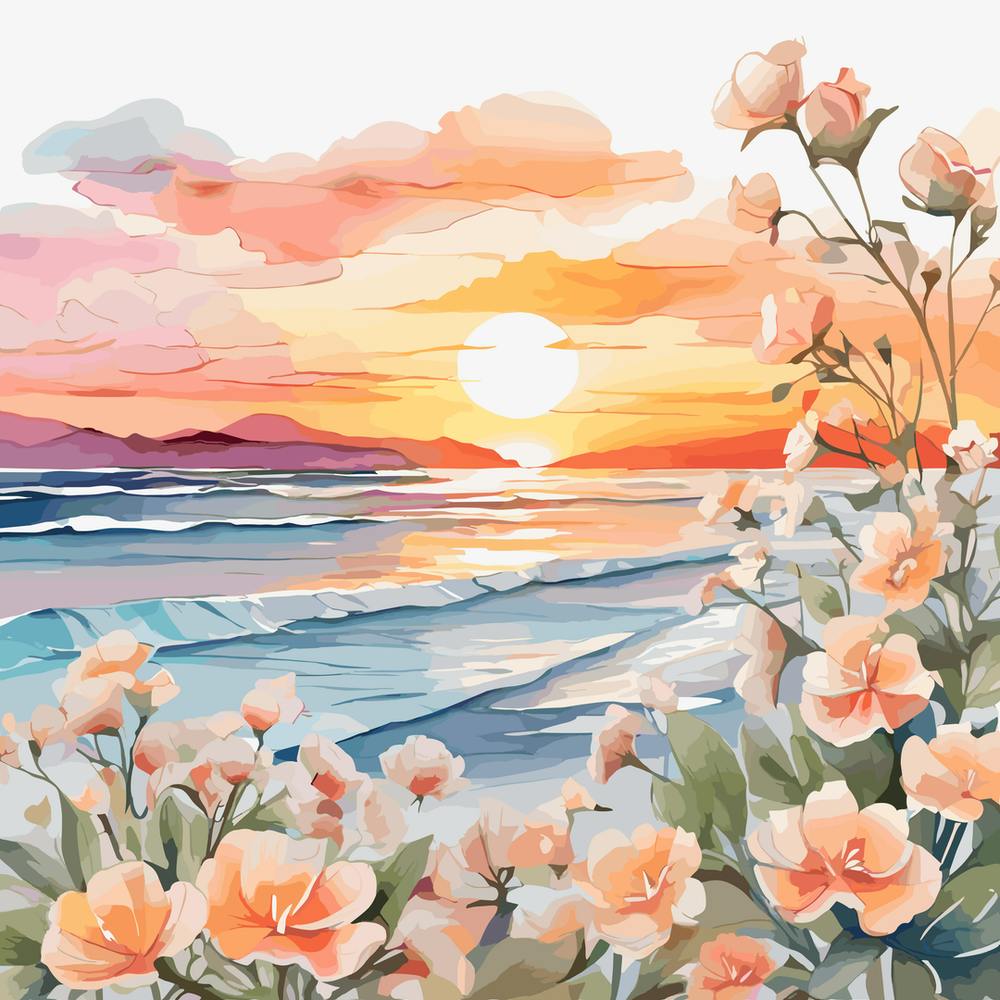 Sunset Flowers Watercolor Painting