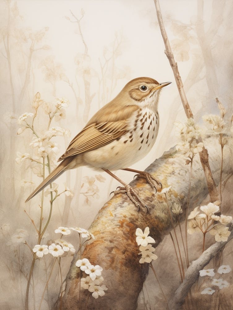 Vintage Bird Drawing Hermit Thrush 1