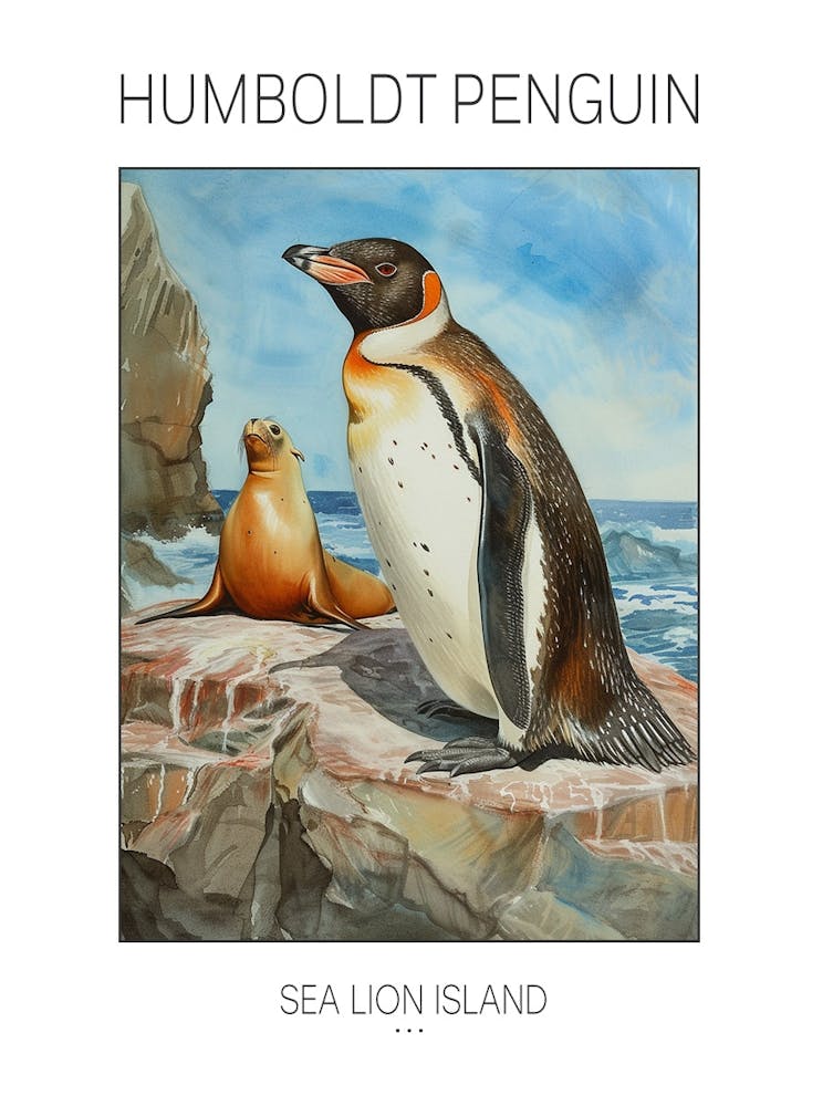 Humboldt Penguin Sea Lion Island Watercolour Painting 4 Poster
