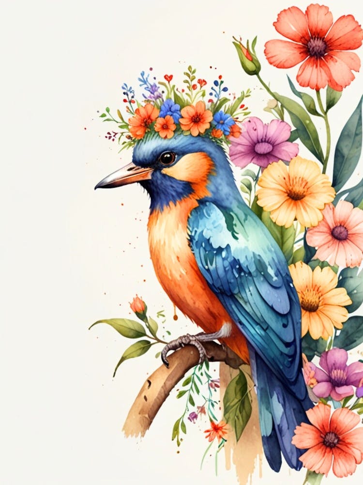 Watercolor Bird With Flowers 1