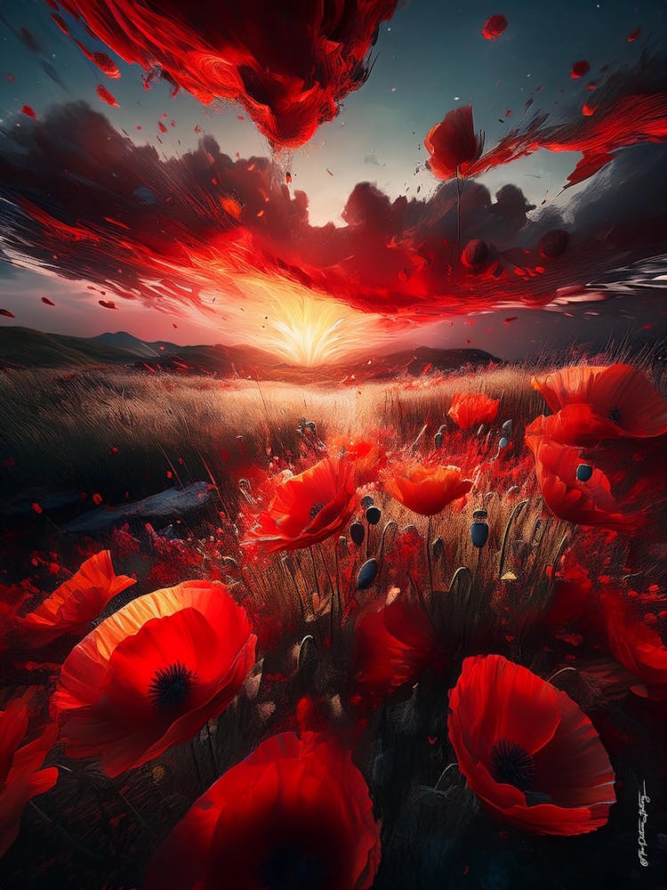 Flaming Sky Over Poppy Field