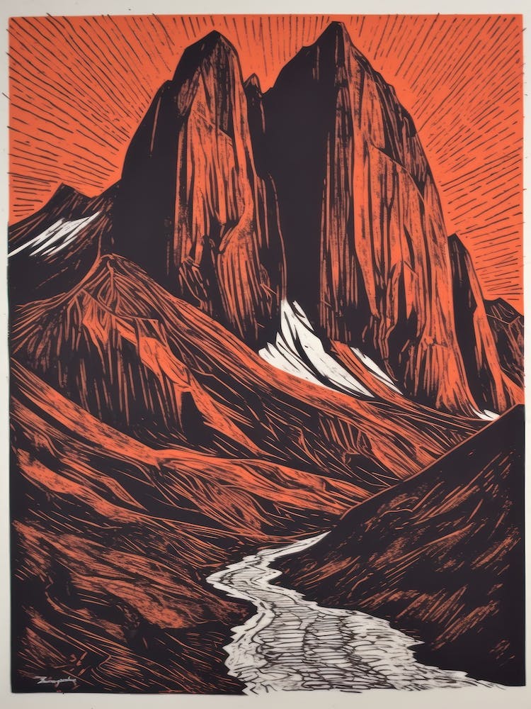 Patagonia, Argentina Linocut Illustration Style 2