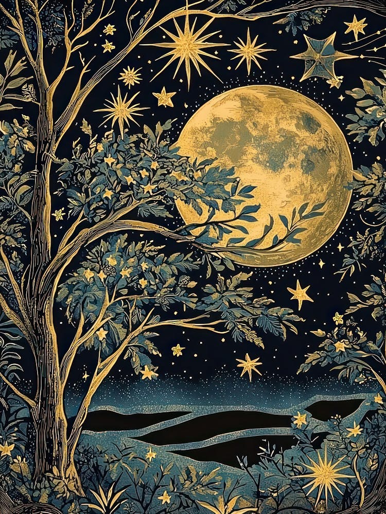 William Morris Full Moon And Stars William Morris Exhibition Print Night Botanical Poster Vintage Full