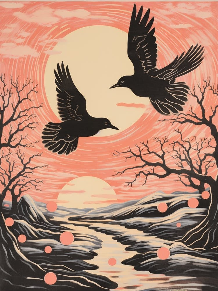 Vintage Japanese Inspired Bird Print Blackbird 3