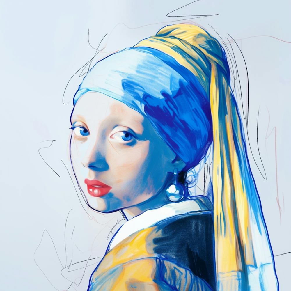 Das Mädchen mit den Perlenohrringen Zeichnung blau-gelb-weiß