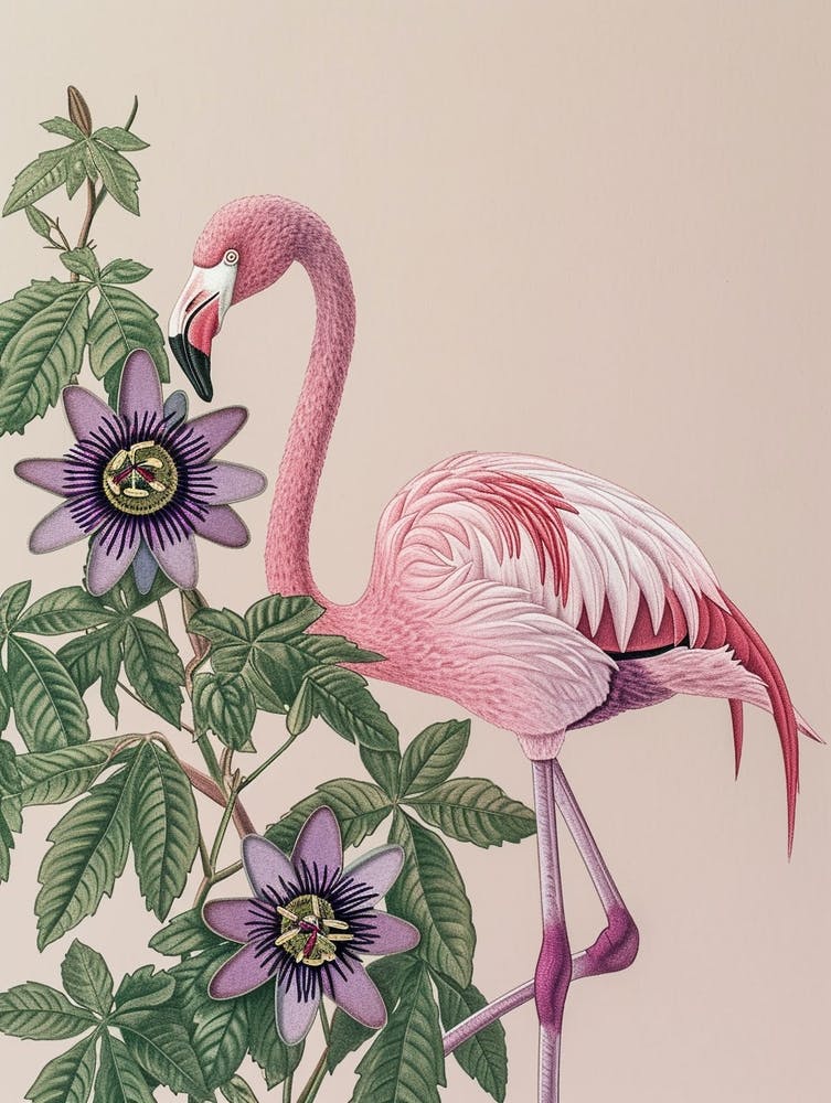 Andean Flamingo And Passionflowers Minimalist Illustration 4