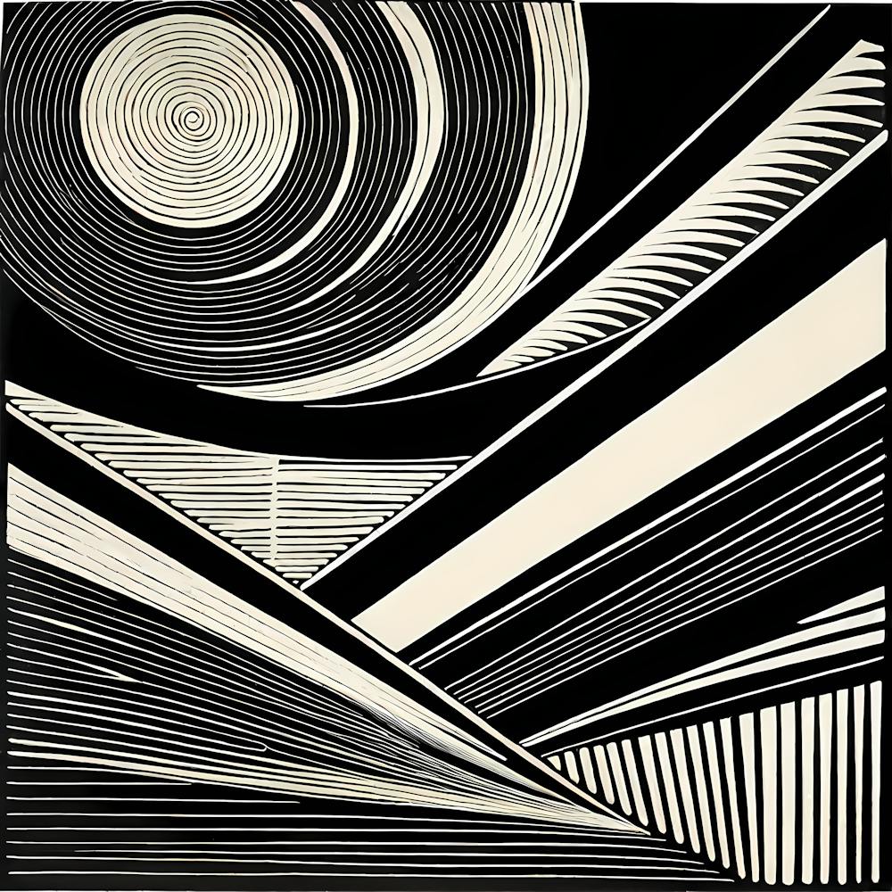 Mid Century Inspired Linocut Abstract Black And White art, 125