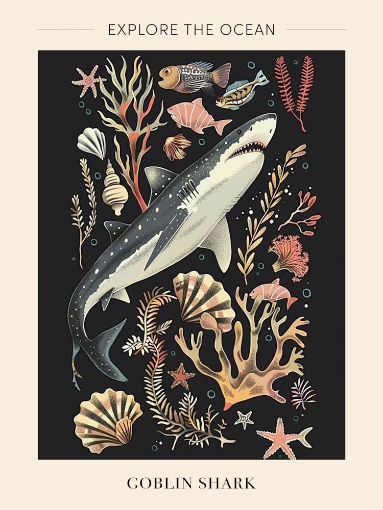 Goblin Shark Seascape Black Background Illustration 1 Poster