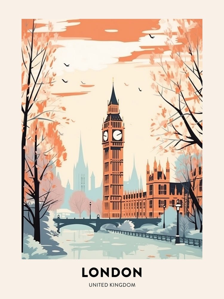 Affiche de voyage d'hiver vintage Londres Royaume-Uni 5