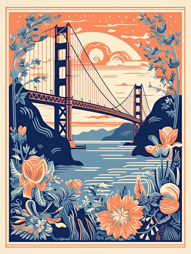 The Golden Gate Bridge   San Francisco, Usa   Cute Botanical Illustration Travel 2