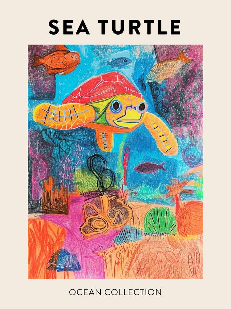 Abstract Rainbow Sea Turtle Underwater Crayon Poster 1