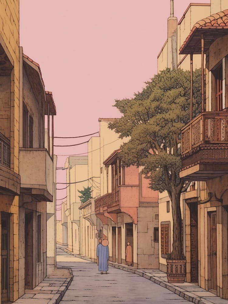 Nicosia Cyprus 3 Vintage Pink Travel Illustration