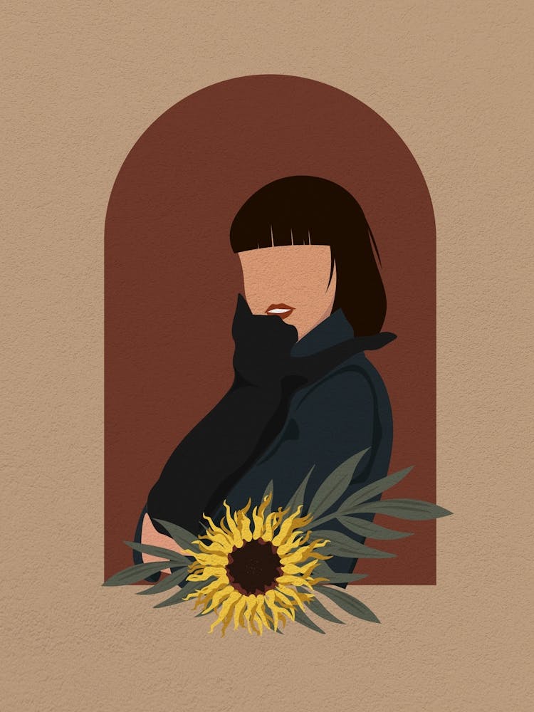Minimal art Portrait Of A Woman Holding A Sunflower and Cat