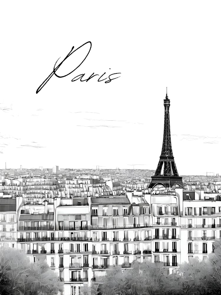 Paris Eiffel Tower, Black And White Cityscape