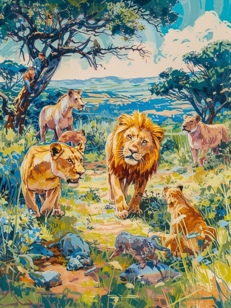 Southwest African Lion Interaction With Others Fauvist Painting 2