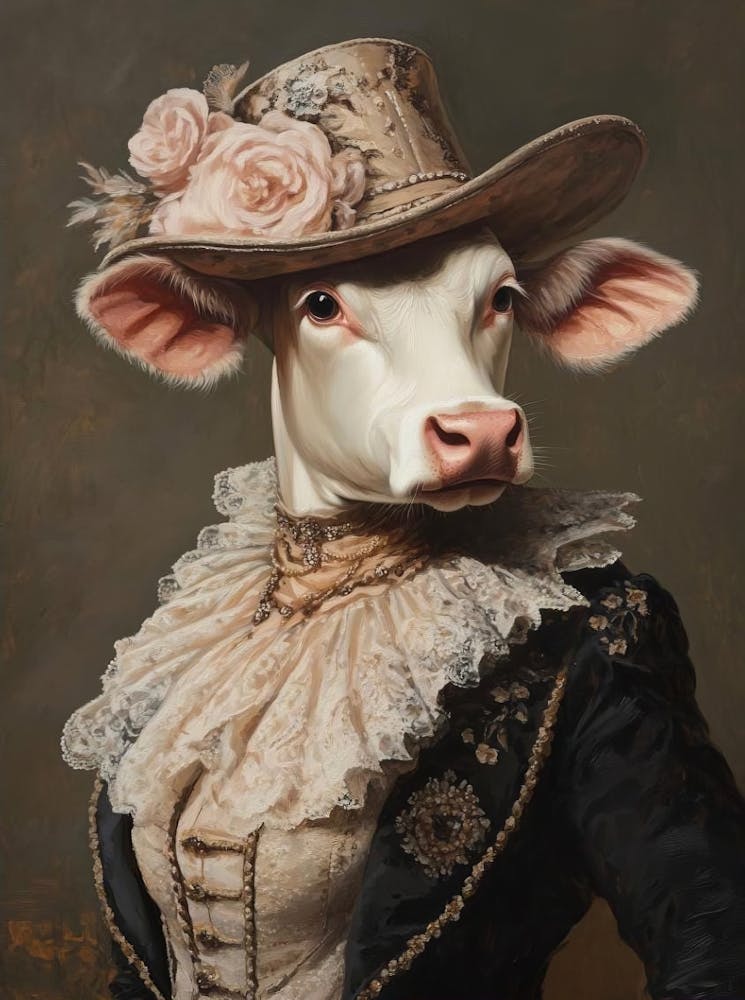 Royal Lady Cow Vintage Portrait, Victorian Animal Print, Dressed Farm Animal Altered Art, Renaissance Animal Printable, Animal Lover Gift