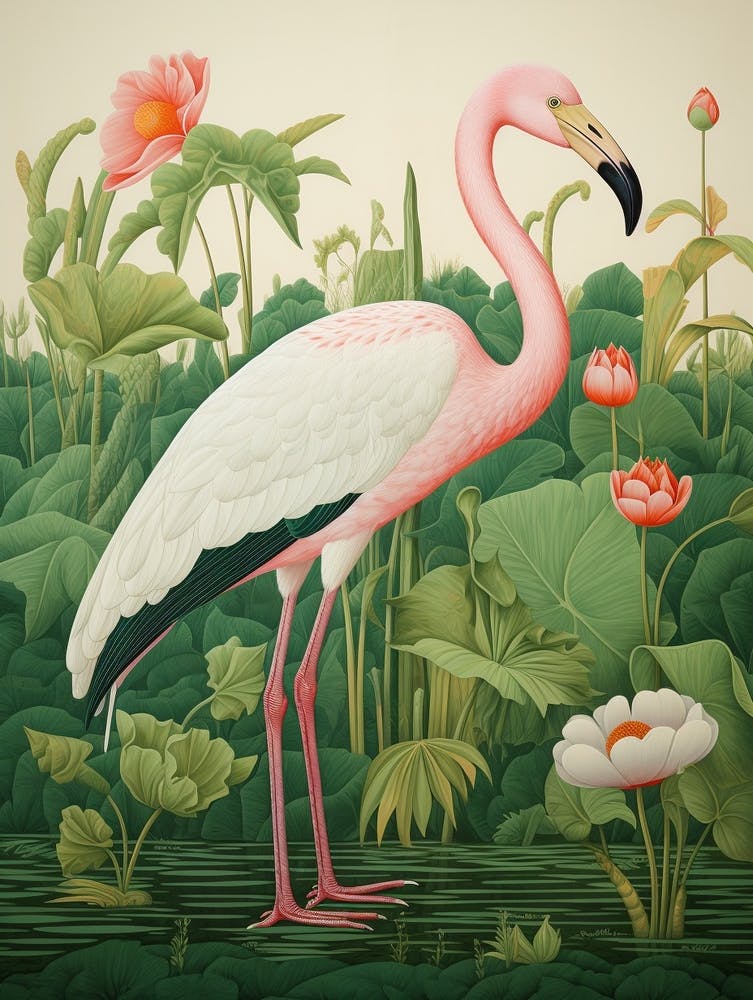 Ohara Koson Inspired Bird Painting Greater Flamingo 1