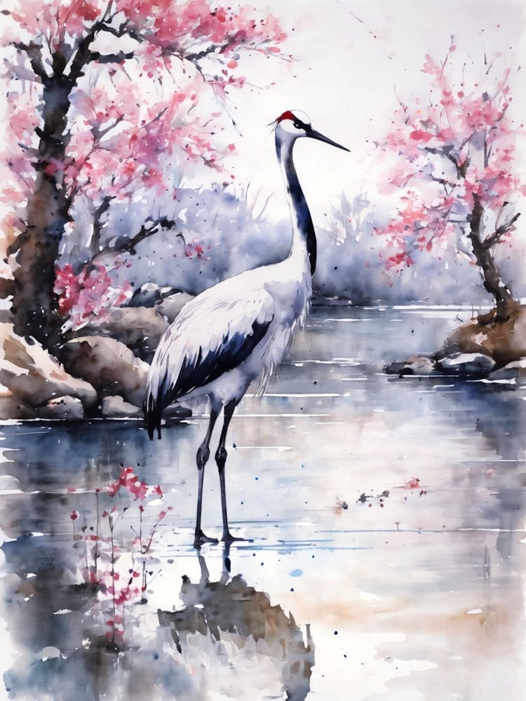 Japanese Crane Watercolor Painting With Blossom Trees | Over the Lake in Spring | Pink and Grey Mid Century Minimalist Japan Art Style in HD