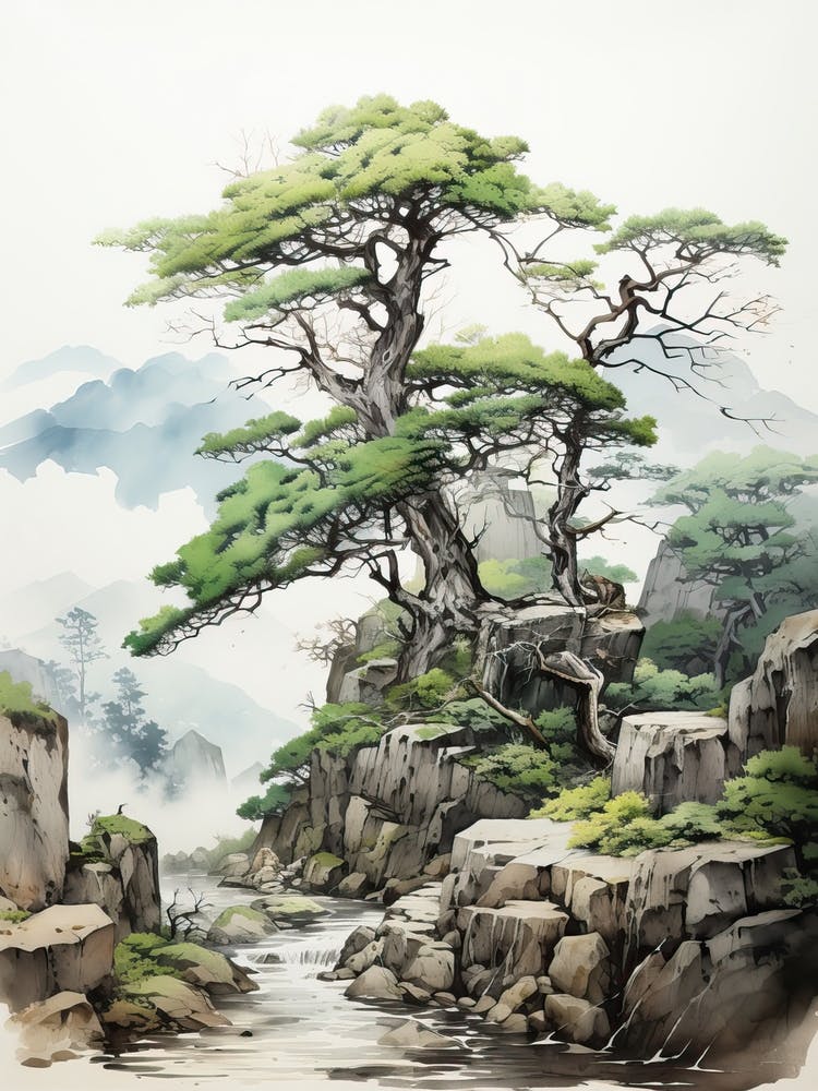 Yakushima Island In Kagoshima, Japanese Brush Painting, Ukiyo E, Minimal 3