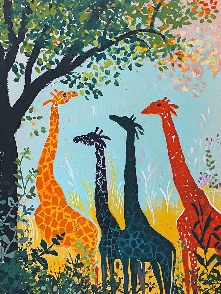 Cute Giraffe Herd Under The Trees Illustration 8
