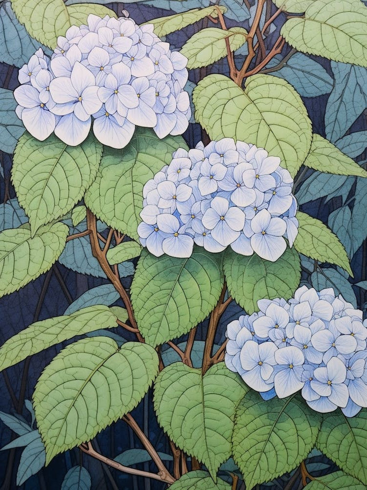 Ajisai Hydrangea 1 Vintage Botanical Woodblock