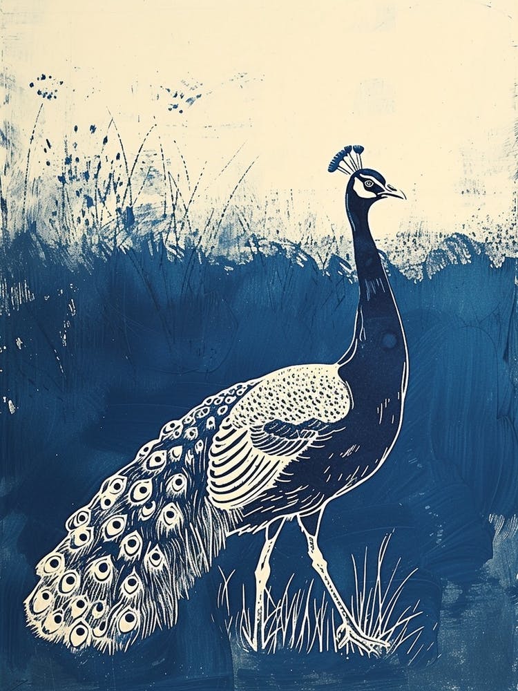 Peacock Walking In The Grass Linocut Inspired 3