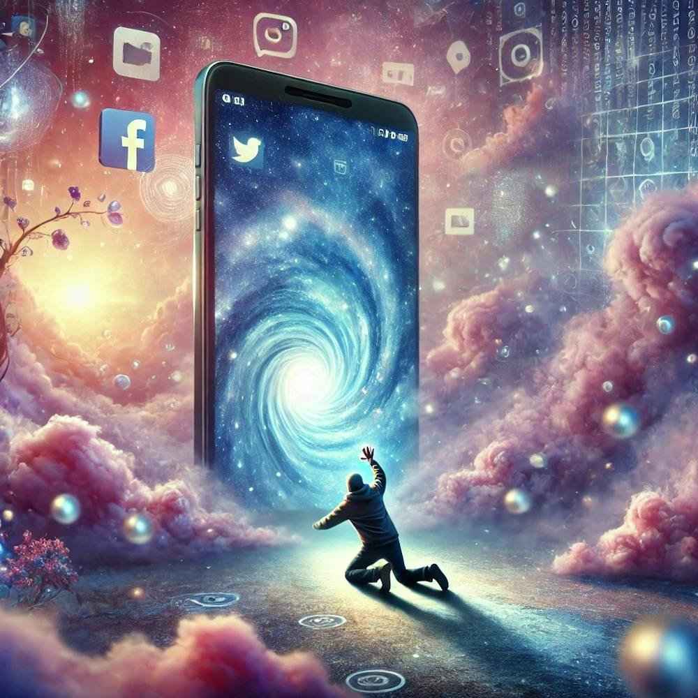 Surreal Image Of A Person Trying To Escape From Their Smartphone In A Dreamlike Scene