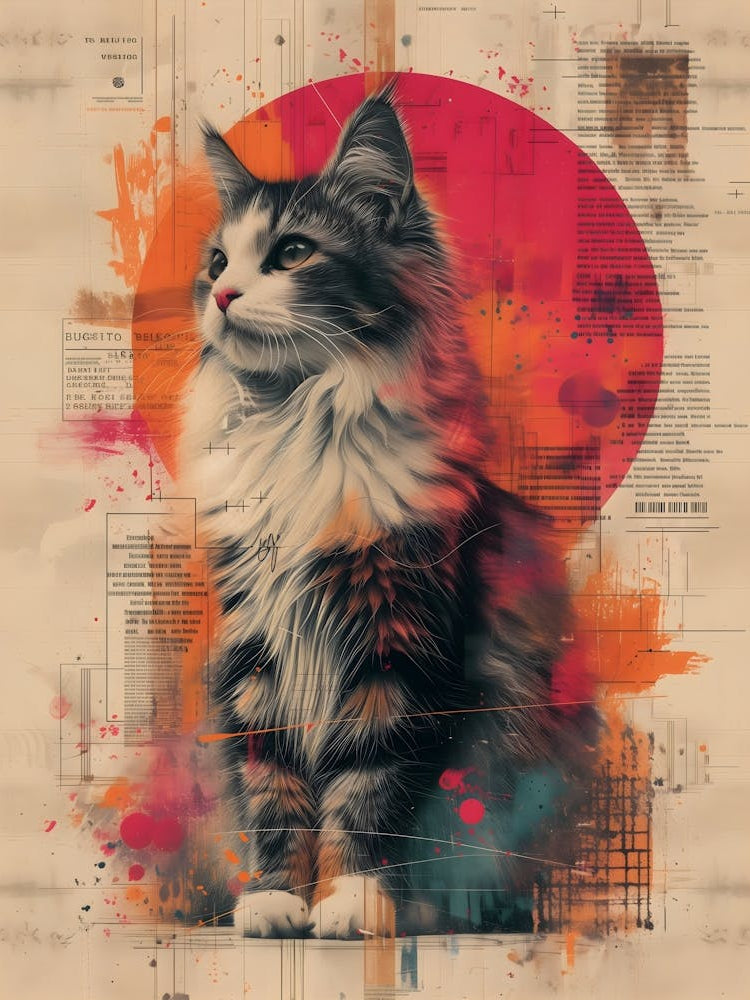 Majestic Cat, Abstract Collage In Monoprint Splashed Colors