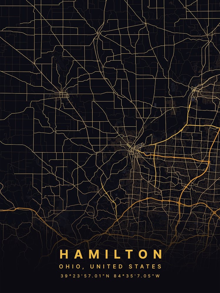 Hamilton Ohio USA Black And Gold Map