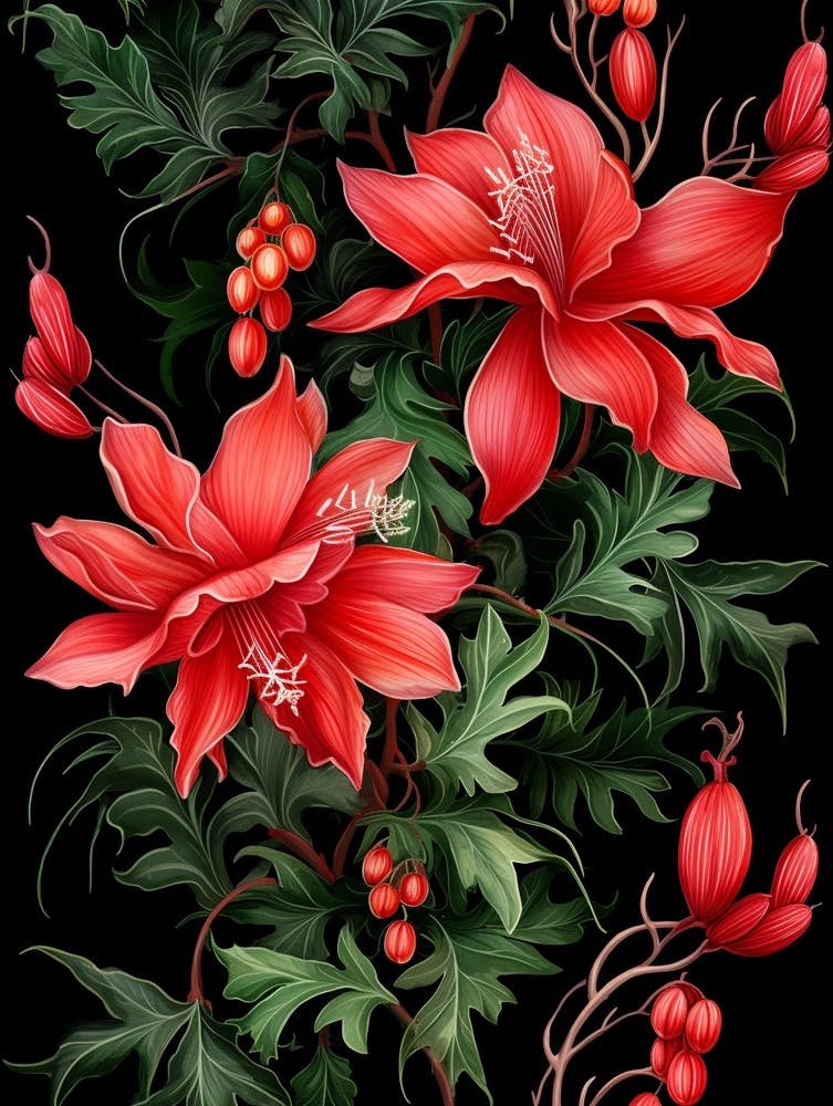 Christmas Cactus 1 William Morris Style Winter Florals