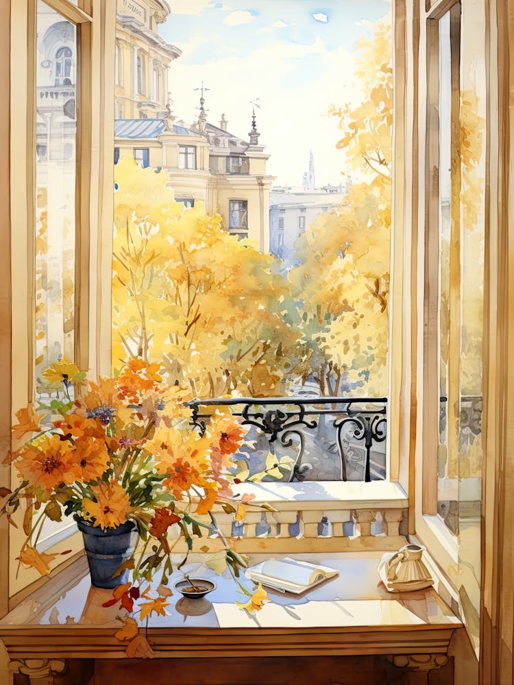 Window View Of Bucharest Romania In Autumn Fall, Watercolour 4