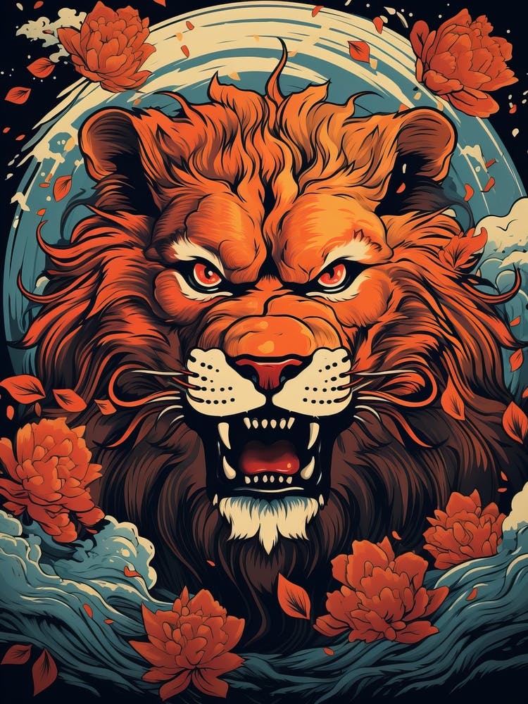 Lion Animal Drawing In The Style Of Ukiyo E 4