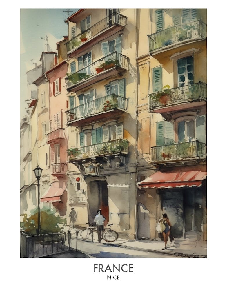 Nice, France 6 Watercolor Travel Poster