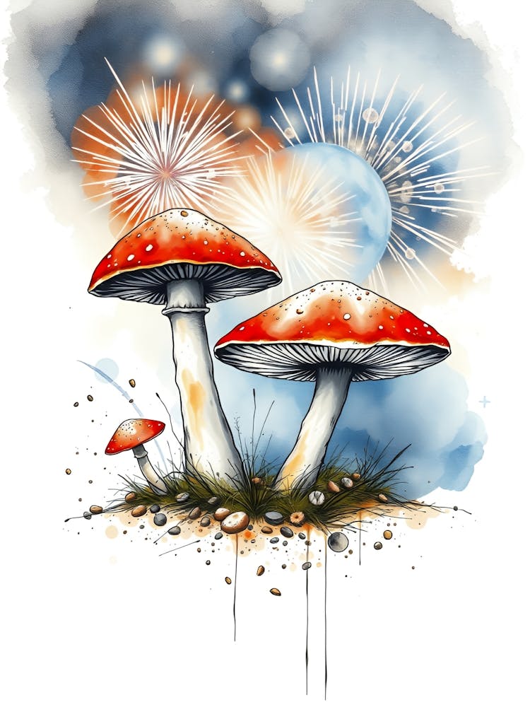 Watercolor Mushroom With Fireworks
