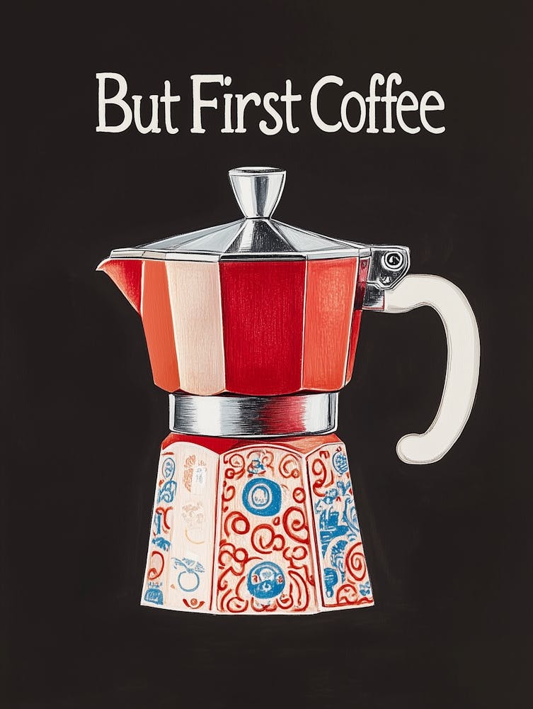 "But first Coffee", Moka Pot Malerei, Kaffee Liebe Typografie