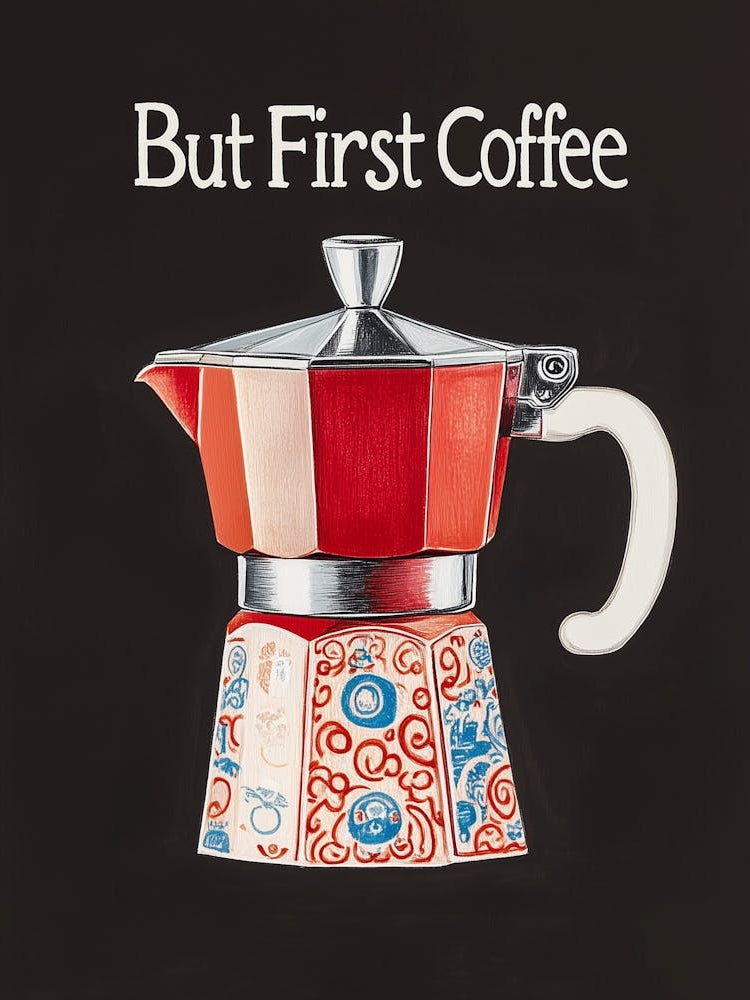 "But first Coffee", Moka Pot Malerei, Kaffee Liebe Typografie